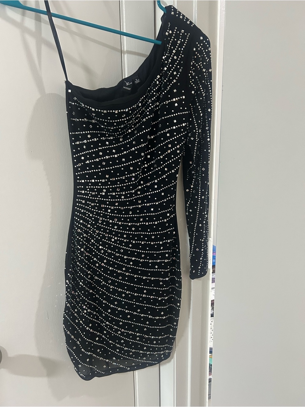 Windsor Black One-Shoulder Rhinestone-Studded Bodycon Dress